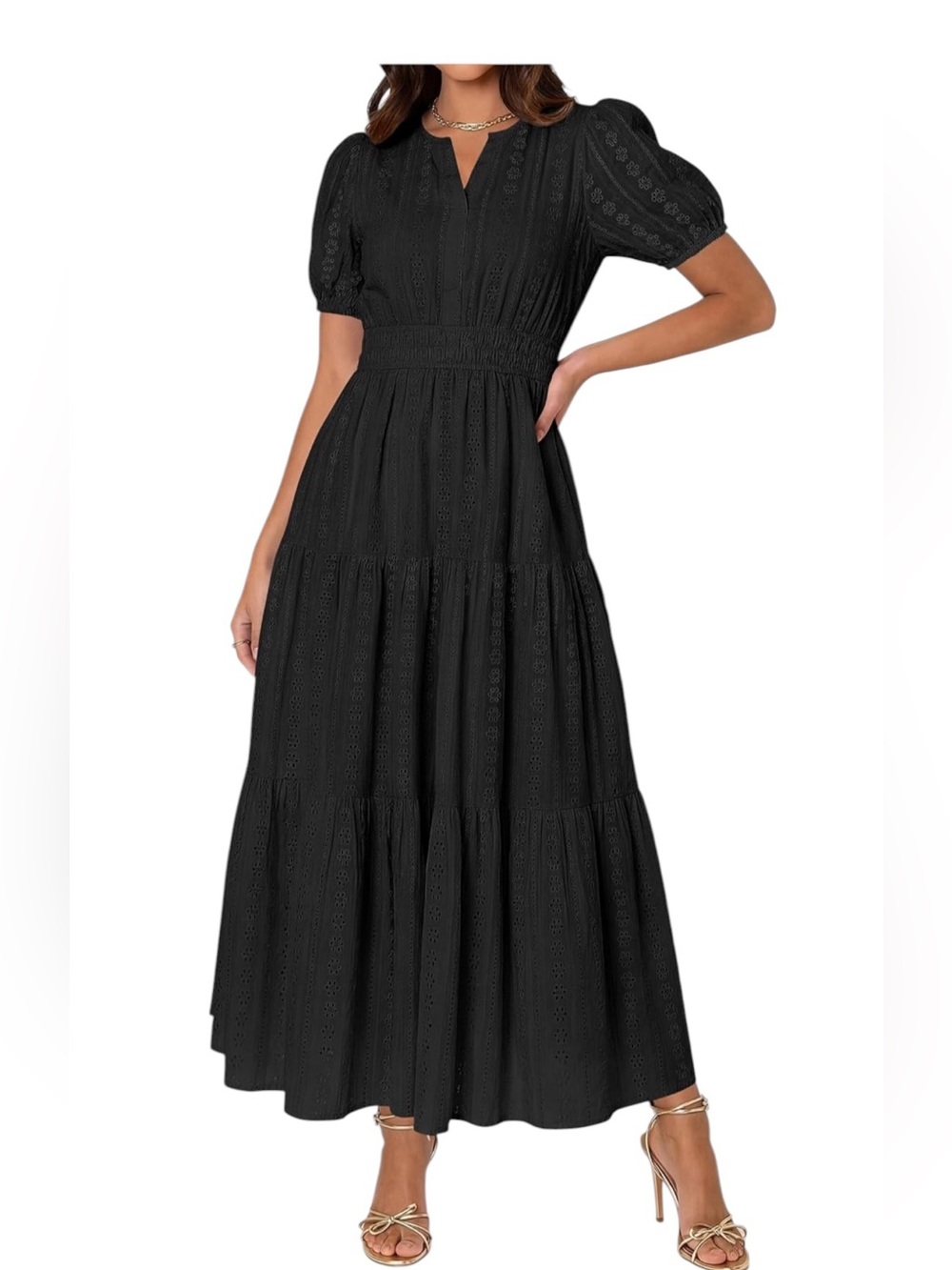 Pretty Garden black eyelet smocked waist maxi dress with puff sleeves Size XXL